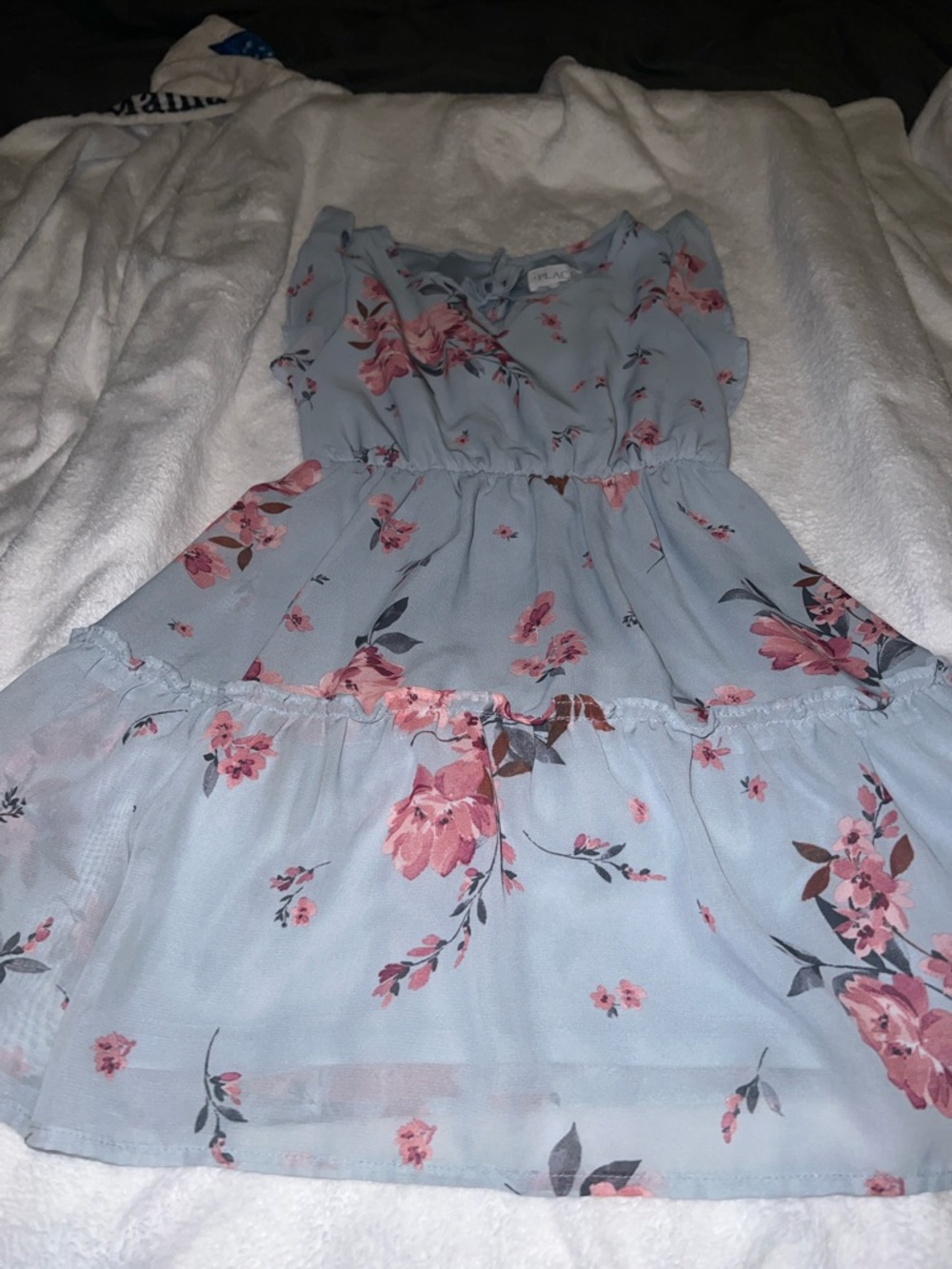 Girls' Light Blue Floral Tiered Dress with Pink Blossoms